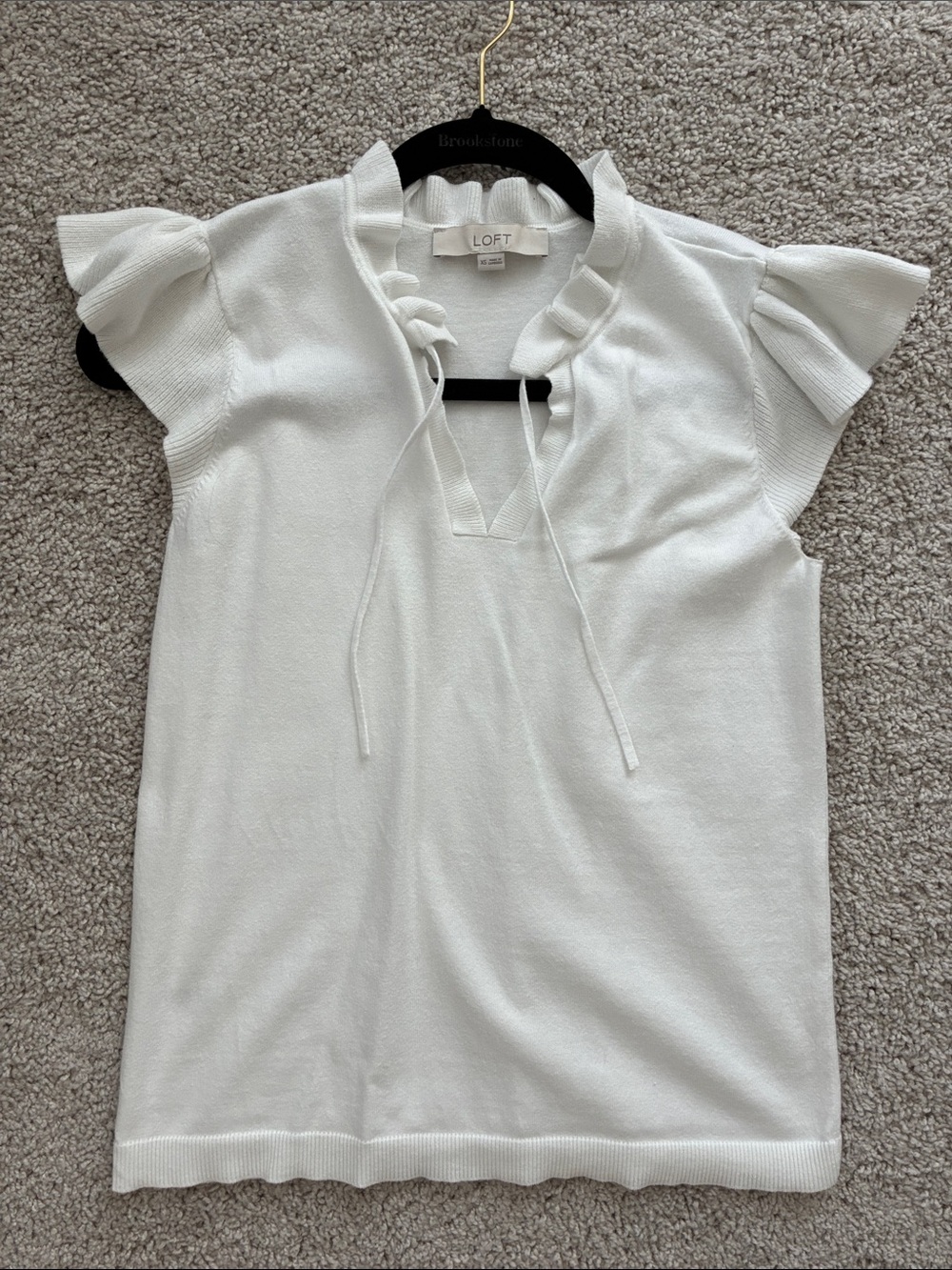LOFT White Tie-Neck Ruffle Sleeve Knit Top
